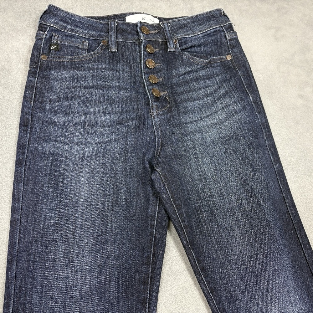 KanCan High Rise Button Fly Flare Jeans‎ Size 27 Dark Wash Raw Hem Stretch - Picture 3 of 10